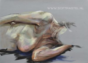Pastel studie naar model, maat 49 x 65 cm op grijs velourspapier te koop.